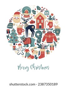 Christmas Card template with forest animals and decorative elements in vintage scandinavian hand drawn style