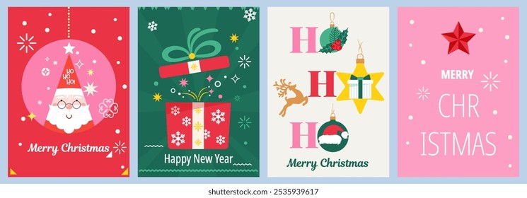 Christmas card template of four different designs with cute Santa Claus and Christmas ornaments. Abstract modern geometric flat style. All layered and grouped. Vector.