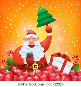 Christmas card template with funny santa claus character making photo Vector illustration