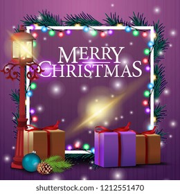 Christmas card template with garland, gifts and antique lantern