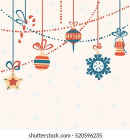 Christmas card template with garlands and toys. Vintage style vector illustration on beige background.