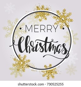 Christmas card template with gold glitter snowflakes and text