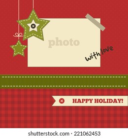 Christmas Card Template. Green, Red And Cream Colors. Photo Frame And Christmas Decoration On A Polka Dot And Plaid Background