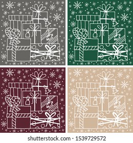 Christmas card template with hand drawn gifts and snowflakes. Xmas decoration. Winter holiday design.