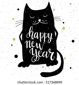 Christmas card template. Hand drawn lettering Happy New Year. Cute cat. Perfect brush typography for cards, poster, t-shirt, invitations and other types of holiday design. Vector illustration.