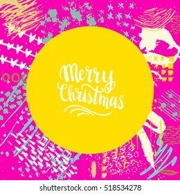 Christmas card template. Hand drawn lettering Merry Christmas. Perfect brush typography for cards, poster, t-shirt, invitations and other types of holiday design. Vector illustration.