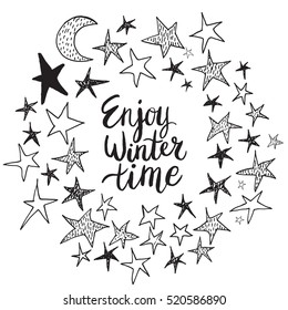 Christmas card template. Hand drawn lettering Enjoy winter time. Perfect brush typography for cards, poster, t-shirt, invitations and other types of holiday design. Vector illustration.