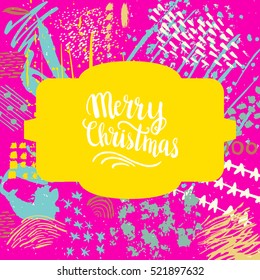 Christmas card template. Hand drawn lettering Merry Christmas. Perfect brush typography for cards, poster, t-shirt, invitations and other types of holiday design. Vector illustration.