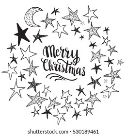 Christmas card template. Hand drawn lettering Merry Christmas. Perfect brush typography for cards, poster, t-shirt, invitations and other types of holiday design. Vector illustration.