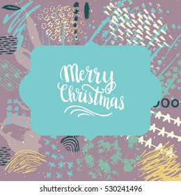 Christmas card template. Hand drawn lettering Merry Christmas. Perfect brush typography for cards, poster, t-shirt, invitations and other types of holiday design. Vector illustration.