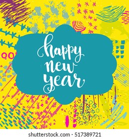 Christmas card template. Happy new year. Hand drawn lettering. Perfect brush typography for cards, poster, t-shirt, invitations and other types of holiday design. Vector illustration.