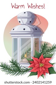 Christmas card template. Holiday greeting card with lantern, fir branch and red poinsettia. Design for flyer, poster, banner, holiday invitation