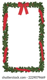 Christmas card template with holly leaves, red berries, ribbons, and red bows. Isolated on white background. Christmas and New Year festive design.