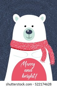 Christmas card template. illustration with polar bear. New Year collection. Greeting seasonal for scrapbooking and invitations.