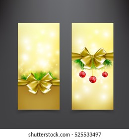 Christmas card template for invitation and gift voucher with gold ribbon and lighting effect element vector illustration eps10
