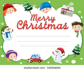Christmas card template with kids and trees illustration