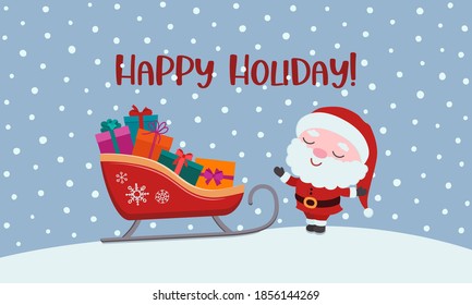 Christmas card template. Little Santa Claus chibi style. Cute character. Funny Santa with sleigh full of gift boxes. Merry Christmas greeting. Happy holiday text.  Whimsical vector kids illustration.