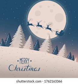 Christmas card template with magic fir trees, stars, moon at night and santa claus with reindeer silhouettes. Vector isolated border with snowy forest. Holiday banner for noel with lettering.