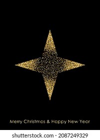 Christmas card template. Minimalistic four-pointed star with glitter effect on black background. Winter, Christmas and New Year concept. 