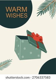 Plantilla de la tarjeta de la Navidad con la caja de regalo abierta, la cinta roja y las ramas del pino en diseño elegante, minimalista