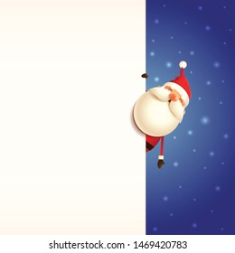 Christmas card template with Santa Claus peeking behind board on blue snowy background