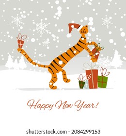 Christmas card template with santa Tiger and gifts. Symbol of 2022 New Year.