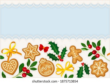 Christmas Card Template with Scattered Holly Berry and Gingerbread Cookie as Decorative Elements Vector Illustration