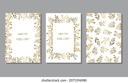 Weihnachtskartenset, dekorierter Rahmen, goldene Blätter auf weißem Hintergrund