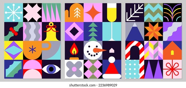 Christmas card template set with festive pattern with geometric mosaic elements and holiday symbols. Flat vector illustration. Happy new year and Merry Christmas concept.