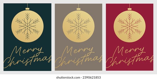 Christmas Card Template Set Vector Modern Christmas Card with Gold Lettering Cursive Festive Merry Christmas Greeting Card with Christmas Ball and Snowflake. Minimal banner, poster, invitation, cover.