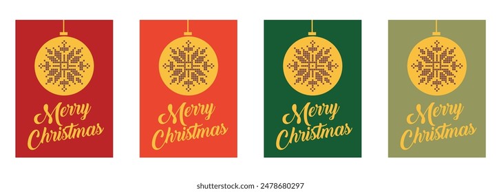 Christmas Card Template Set Vector Modern Christmas Card with Gold Lettering Cursive Festive Merry Christmas Greeting Card with Christmas Ball and Snowflake. Minimal banner, poster, invitation, cover.