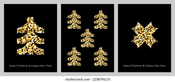Christmas card template set in vintage style. Minimalistic geometric fir tree and star in dark green, gold glitter effect on black background. Winter, Christmas, and New Year concepts.