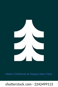 Christmas card template set in vintage style. Minimalistic geometric fir tree in dark green, blue and white colors. Winter, Christmas, and New Year concepts.