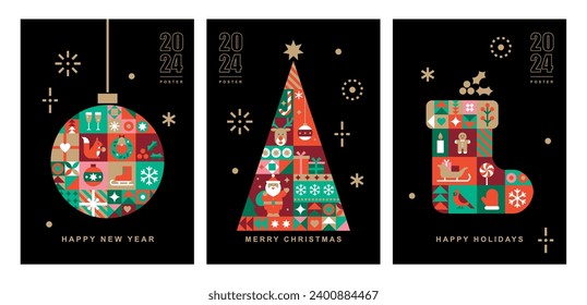 Christmas card template set.Icons in abstract modern geometric flat style.Christmas ball, tree, sock.Bauhaus design.Happy holidays.Vector illustration