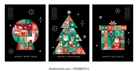 Christmas card template set.Winter icons in abstract modern geometric flat style.Snow globe,Christmas tree,Christmas box.Bauhaus design.Happy holidays