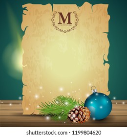 Christmas card template. A sheet of old paper with Christmas ball and a Christmas tree branch