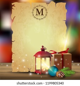Christmas card template. A sheet of old paper with a gift and an old lantern