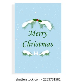 Weihnachtskartenvorlage im einfachen Stil. Weihnachtsbaum Äste und Mistelen im Schnee. Kaninchen und die Inschrift. Weihnachten.
