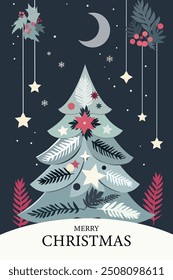 Plantilla de la tarjeta de la Navidad con un árbol de Navidad simple, muñeco de nieve, y Formas de la estrella en el cielo. Ilustración vectorial de un diseño plano minimalista. Ilustración vectorial para un cartel o tarjeta de felicitación.