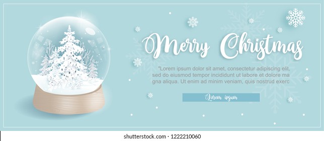 Christmas card template with snow globe and Christmas tree in blue background and snow falling. Vector illustration. 