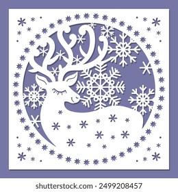 Christmas card template with snowflakes and a deer. Template for laser cutting from paper, cardboard, wood, metal. For the design of Christmas and New Year decorations, interior decor, cards, greeting