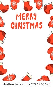 Christmas Card Template with Socks and Gloves red color in cartoon flat style isolated on white background. Nice frame. For events, corporate, family and friends.