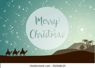 Christmas card template, three magi following the star