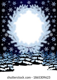 
Christmas card template. Christmas tree frame on the background of the winter forest. Vector illustration