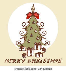 Christmas card template. Christmas tree and gift boxes.