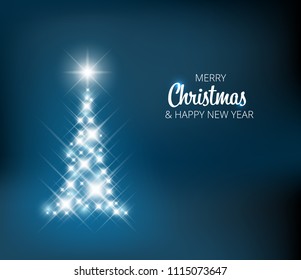 Christmas card template with  Christmas tree made of light and sparkles