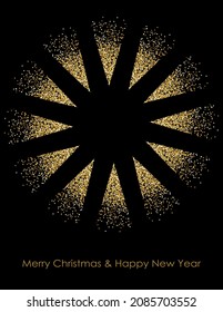 Christmas card template. Christmas tree ornamental rosette. Minimalistic fir tree with gold glitter on a black background. Winter, Christmas and New Year concept. 