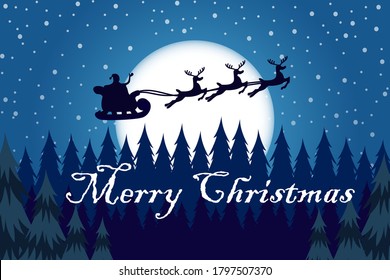 Christmas card template with Christmas tree, stars, moon and Santa Claus with silhouette of reindeer in night moonlight. Banner or poster for Christmas celebration. Vector illustration