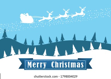 Christmas card template with Christmas tree, stars, moon and Santa Claus with silhouette of reindeer in night moonlight. Banner or poster for Christmas celebration. Vector illustration