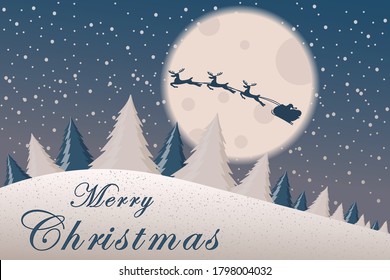 Christmas card template with Christmas tree, stars, moon and Santa Claus with silhouette of reindeer in night moonlight. Banner or poster for Christmas celebration. Vector illustration